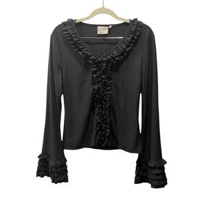 Vtg Black Mosaic Ruffle Long Sleeve Top Size M